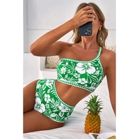 Green Floral Print One Shoulder High Waist Bikini Set - L thumbnail