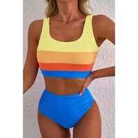 Blue Colorblock Square Neck Top Pleated High Waisted Bikini - XL thumbnail