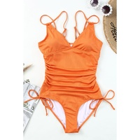 Orange Adjustable Straps Ribbed Knit One Piece Swimsuit - L thumbnail