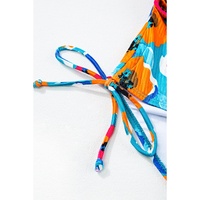 Sky Blue Orange Adjustable Straps Ribbed Knit One Piece Swimsuit - L thumbnail