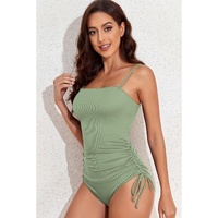 Laurel Green Ribbed Drawstring Sides Cutout One Piece Swimsuit - M thumbnail