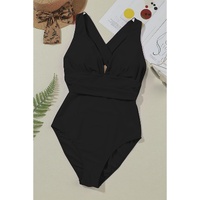 Black Deep V Neck Crossover Backless Ruched High Cut Monokini - M thumbnail