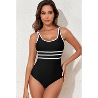 Black Contrast Trim Colorblock U Neck One Piece Swimwear - 2XL thumbnail