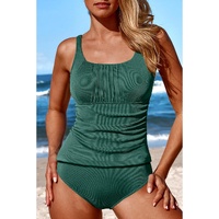 Blackish Green Ruched U Neck Ribbed Tankini - L thumbnail