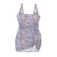 Pink Drawstring Ruched Floral Swim Dress - S thumbnail