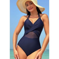 Navy Blue Halter Mesh Insert Cross Front One-Piece Swimsuit - S thumbnail