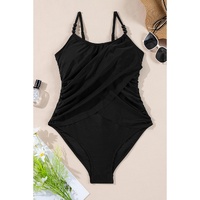 Black Beaded Spaghetti Straps Ruched Overlapped Colorblock One Piece Swimsuit - S thumbnail