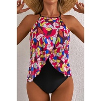 Purple Floral Print O Neck Open Back One Piece Swimsuit - L thumbnail