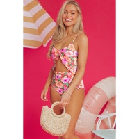 Red Floral Ruffle Trim Cutout Knotted One Piece Swimsuit - 2XL thumbnail
