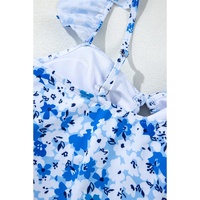Blue Floral Ruffled Strap Lace-up Hollow Out One Piece Swimsuit - M thumbnail