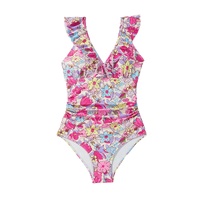 Pink Floral Ruffle Trim V Neck Lace-up Back Tummy Control One Piece Swimsuit - XL thumbnail