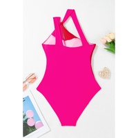 Rose Red Knotted One Shoulder Two Tones Backless One Piece Swimsuit - M thumbnail