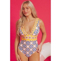 Yellow Floral Print V Neck One Piece Swimsuit - M thumbnail