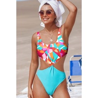 Purple Abstract Geometry Print Daring Cutout Reversible One Piece Swimsuit - 2XL thumbnail