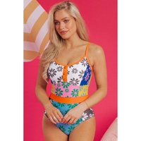 Orange Floral Colorblock Buttoned Decor Front Spaghetti Straps Teddy Swimsuit - L thumbnail