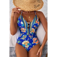 Blue Floral Plunging Slim & Sculpt One-Piece Crisscross Backless One Piece Swimsuit - S thumbnail