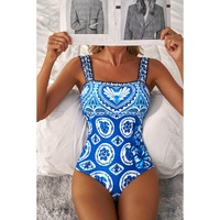 Blue Tile Pattern Ricrac Wide Straps Sheath One Piece Swimsuit - S thumbnail