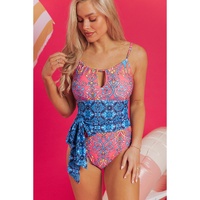 Blue Geometric Print Hollow Out Knotted Waist One Piece Swimsuit - L thumbnail