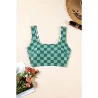 Green Checkered Print Square Neck Cropped Swim Top - 2XL thumbnail