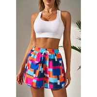 Rose Geometric Printed Drawstring Waist Beach Shorts with Pockets - L thumbnail