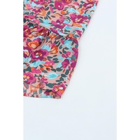 Purple Smocked V Neck Puffy Sleeve Floral Dress - M thumbnail