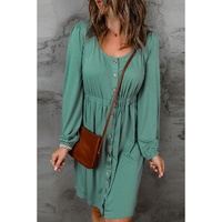 Green Button Up High Waist Long Sleeve Dress - S thumbnail