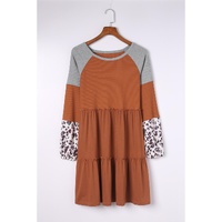Brown Waffle Knit Leopard Patchwork Long Sleeve Dress - S thumbnail