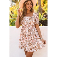 White Floral Print Bow Knot Backless Square Neck Mini Dress - XL thumbnail