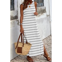 White Stripe Print Open Back Sleeveless Maxi Dress with Slits - XL thumbnail