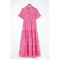 Pink Paisley Print Boho Holiday Ruffle Tiered Maxi Dress - L thumbnail