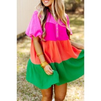 Multicolor Color Block Tiered Puff Sleeve Dress - S thumbnail