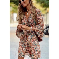 Brown Geometric Print Long Sleeve Surplice Flowy Dress - S thumbnail