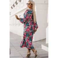Azura Exchange Red V Neck Elastic High Waist Split Floral Dress - M thumbnail