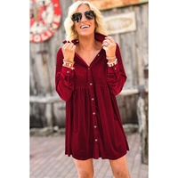 Red Long Sleeve Ruffle Velvet Button Up Dress - M thumbnail