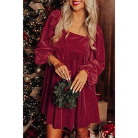 Red Tie Back Square Neck Velvet Babydoll Dress - M thumbnail