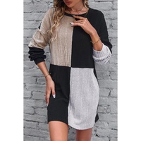 Black Ribbed Color Block Drop Shoulder Long Sleeve Mini Dress - L thumbnail