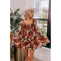 Multicolour Smocked High Waist Long Sleeve Floral Dress - L thumbnail