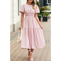 Pink Puff Sleeve Pleated High Waist Flowy Long Dress - M thumbnail