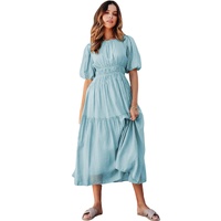 Light Blue Puff Sleeve Pleated High Waist Flowy Long Dress - S thumbnail