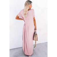 Pink V Neck Hidden Pocket Splits Maxi T-shirt Dress - M thumbnail