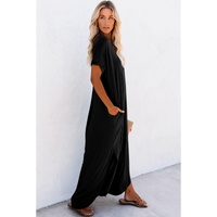 Black V Neck Hidden Pocket Splits Maxi T-shirt Dress - L thumbnail