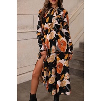 Orange Floral Print Tie Neck Long Sleeve Dress - L thumbnail