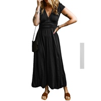 Black Short Sleeve Shirred High Waist V Neck Maxi Dress - L thumbnail