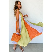Green Color Block Shirred High Waist Fit and Flare Maxi Dress - S thumbnail