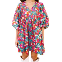 Sky Blue Floral Print Tie Split Neck Bubble Sleeve Babydoll Dress - M thumbnail
