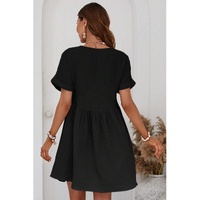 Black Folded Short Sleeve Lace V Neck Mini Dress - S thumbnail