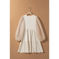 Beige Embellished Puff Sleeve Tiered A-line Dress - L thumbnail
