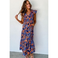Dark Blue Boho Floral V Neck Ruffle Tiered Long Dress - S thumbnail