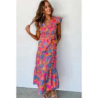 Rose Red Boho Floral V Neck Ruffle Tiered Long Dress - M thumbnail