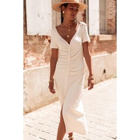 Beige V Neck Ruched Button Front French T-shirt Dress - S thumbnail